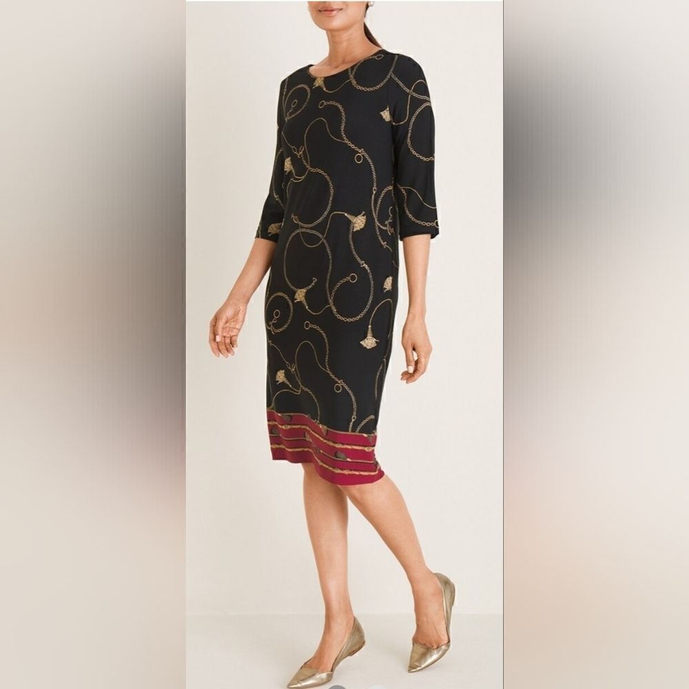 CHICO'S Printed Chain Print Black Shift‎ Dress - Size 1 US 8/10